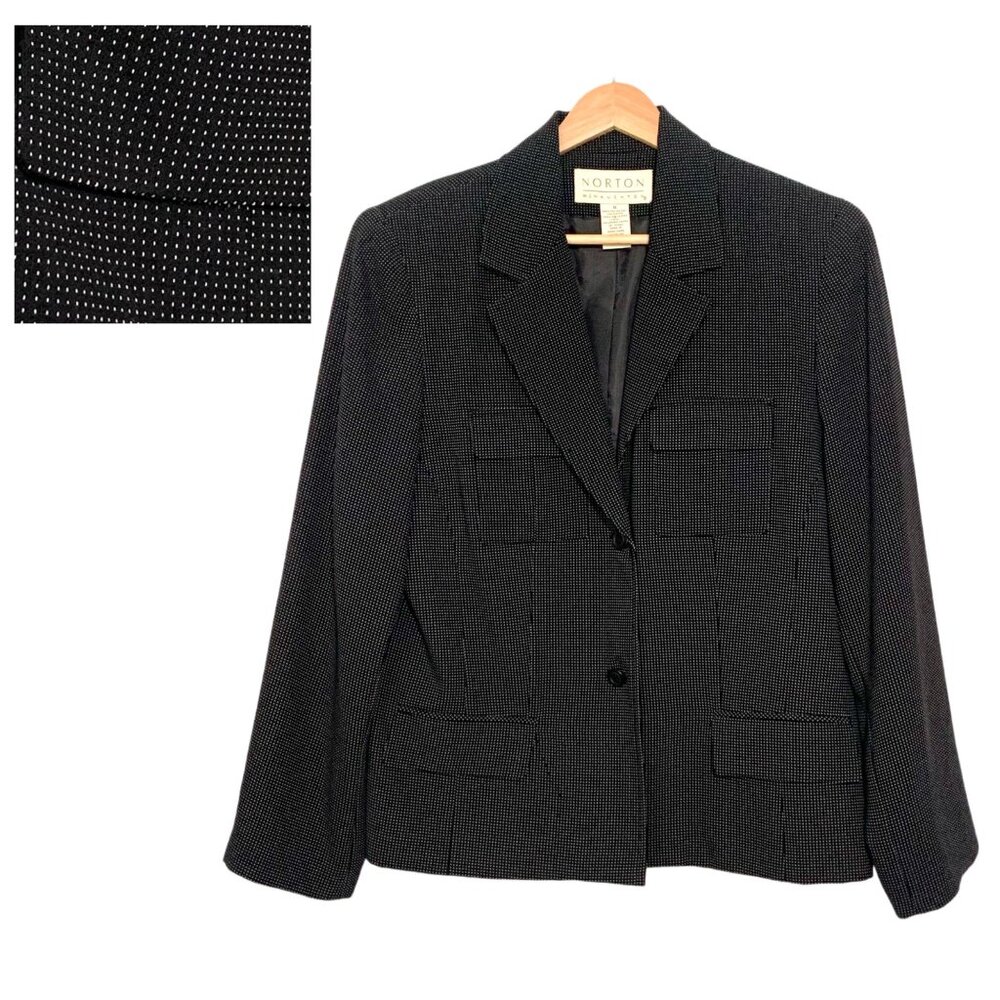 Norton Black Pin-Dot Single-Button Blazer Size 8 100% Polyester  Professional